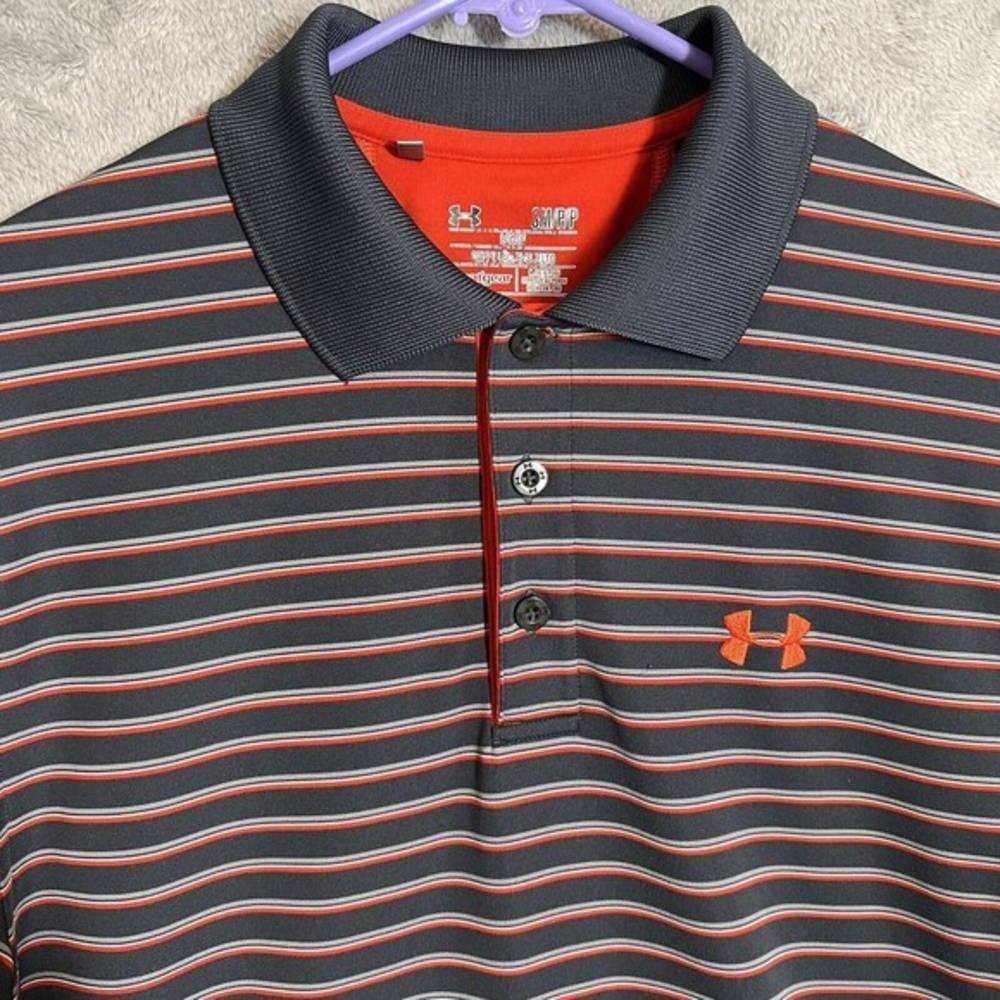 Under Armour Golf Polo Loose Fit HeatGear Stretch Red Gray‎ Stripe Men's Small